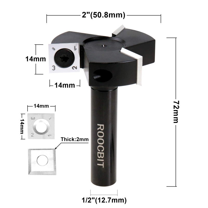 ROOCBIT CNC Spoilboard Surfacing Router Bit, 1/2" Shank 2â€ Cutting Dia Insert Carbide Slab Flattening Grooving T-Slotting Woodworking Milling Cutter Tools by ROOCBIT - Image 5